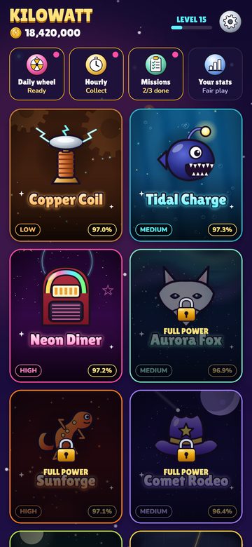 The Kilowatt game lobby on a phone, with a grid of themed games to pick from