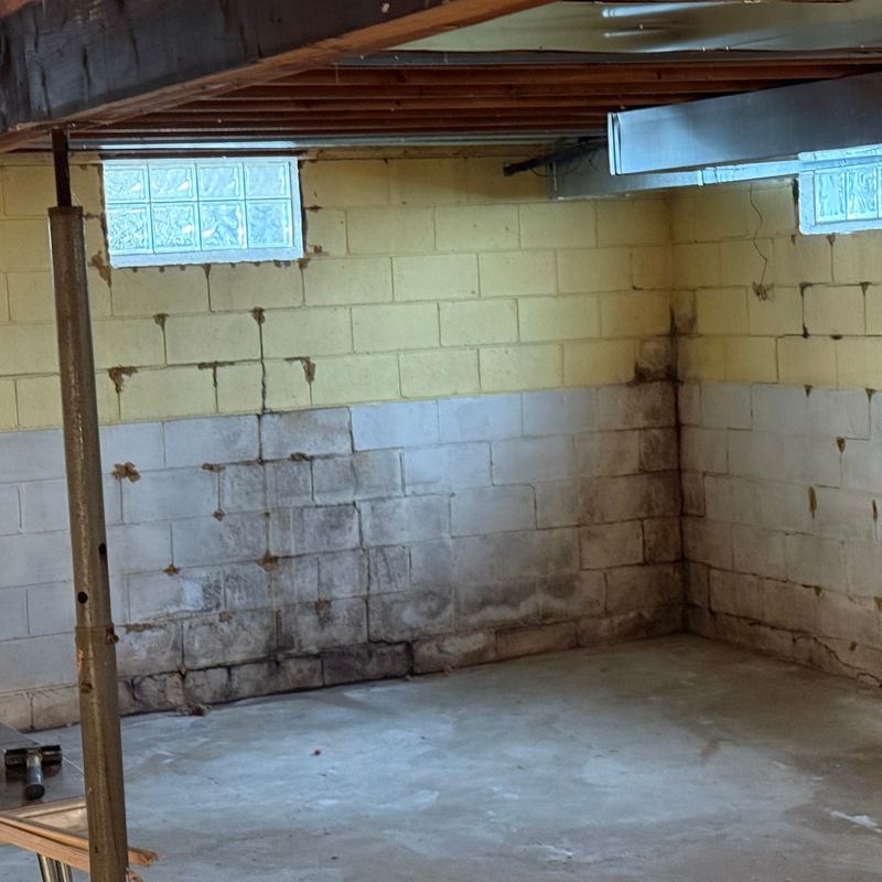 A bare basement corner with block walls, glass block windows and water stains along the bottom