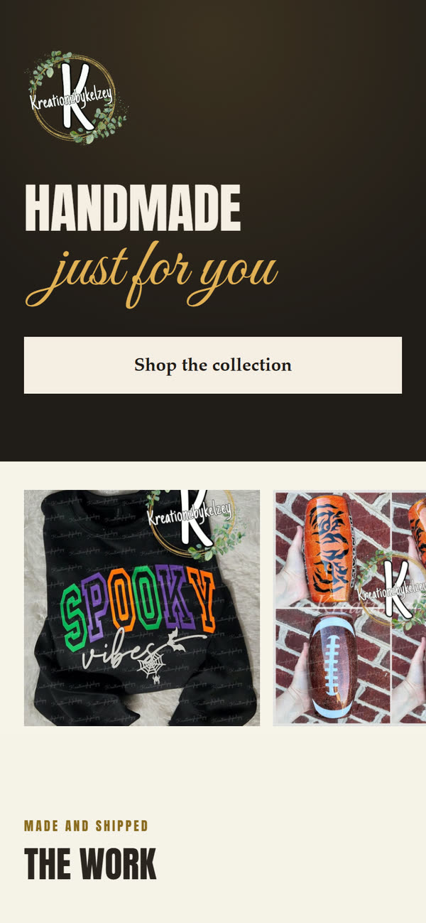 Kelsey’s shop website on a phone, showing her handmade shirts and tumblers